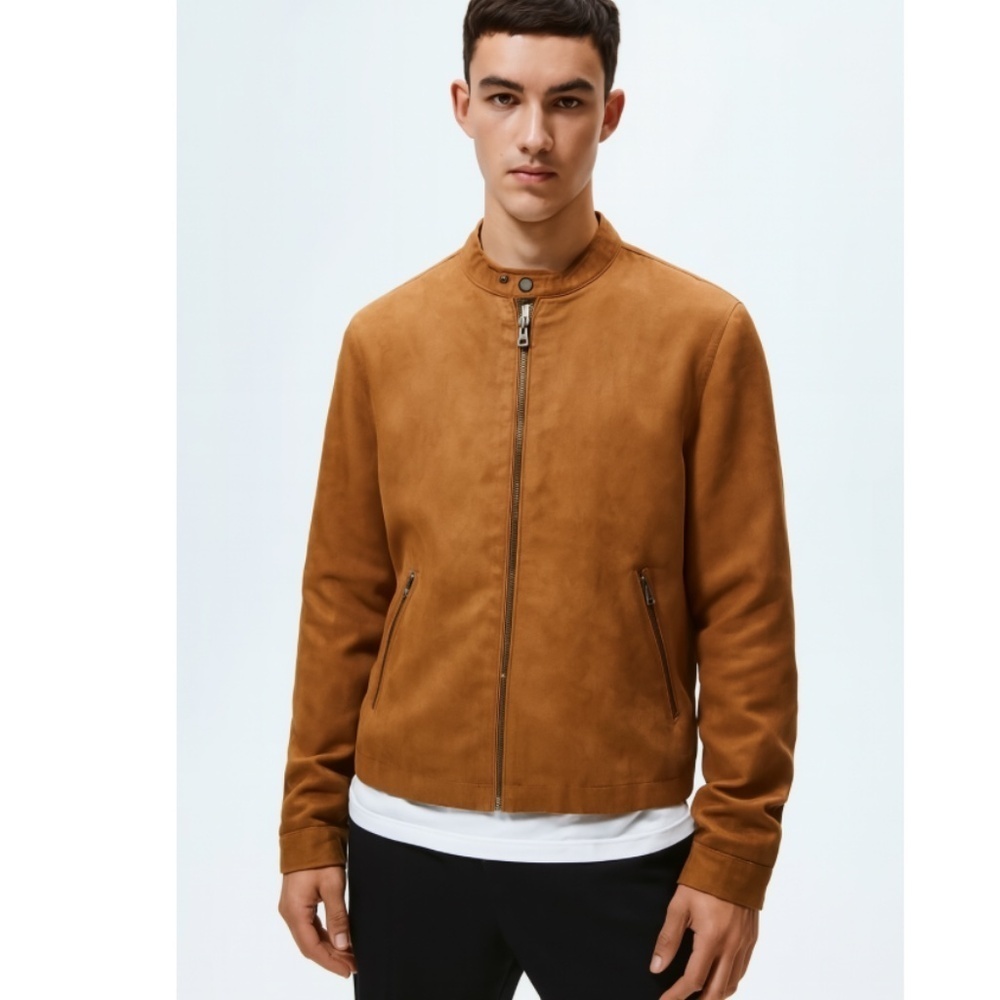 Zara Man Faux Suede Bomber Jacket Camel Size Medium